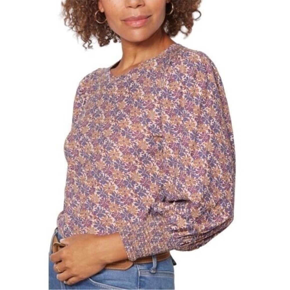 Nation LTD Floral Pima Cotton Puff Sleeve Top Smocked Cuff Blouse 1113RSRF S